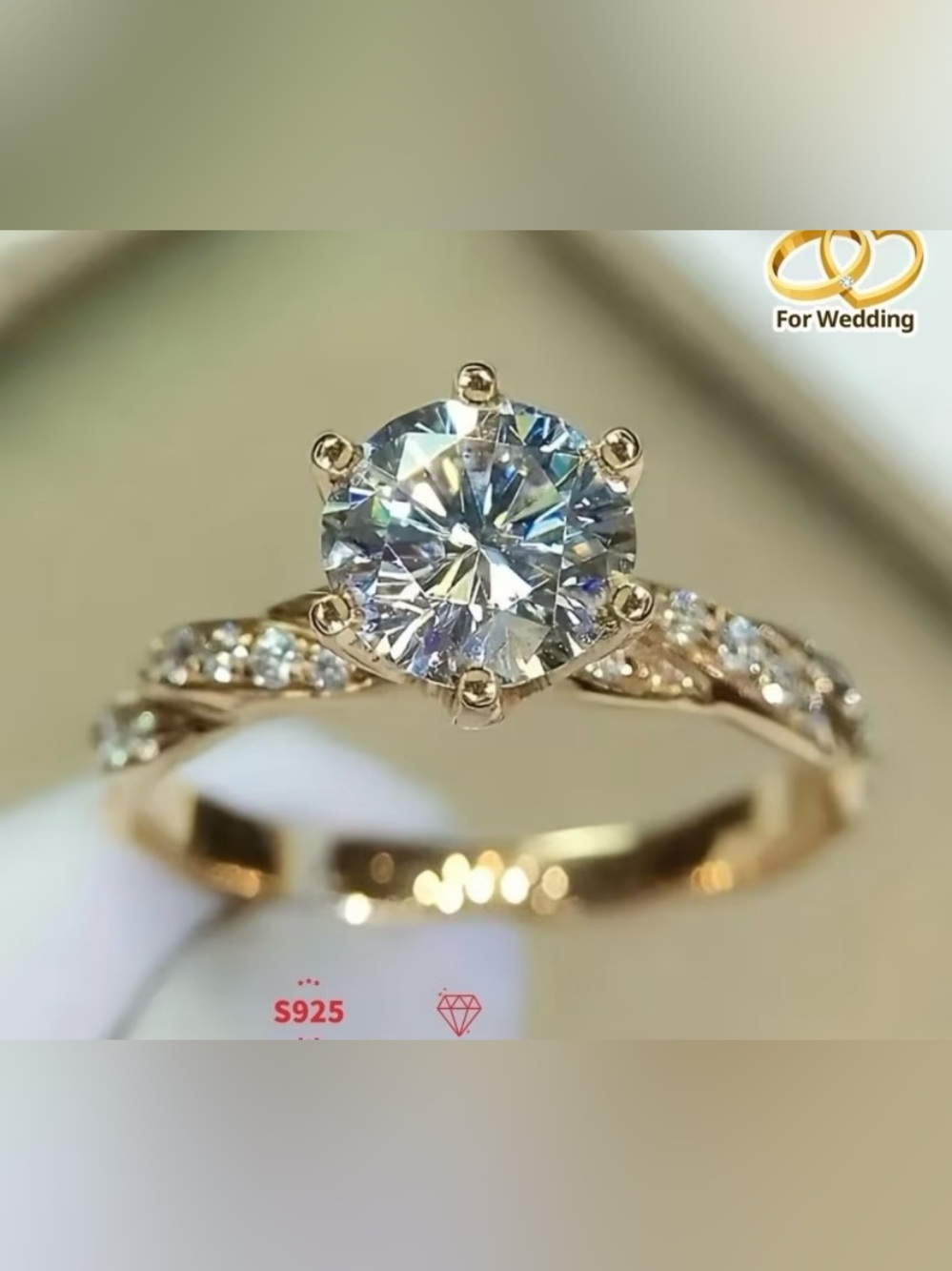 Classic Gold Tone Moissanite Like Solitaire Engagement Ring Elegant Carat Size 6